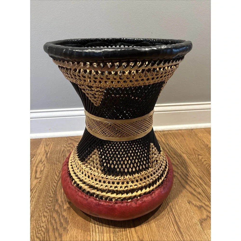 Pier 1 Leather Wicker Rattan BOHO Ottoman Stool Chair